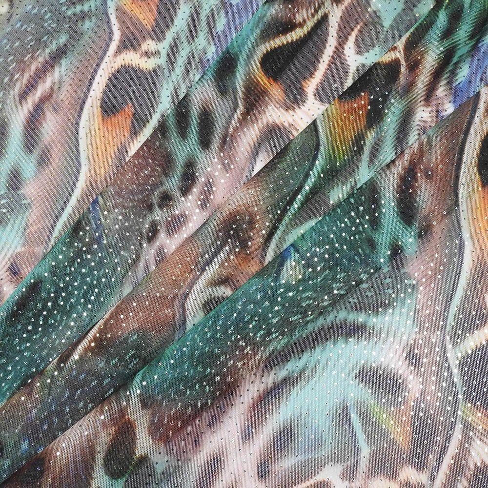 Feather Skin Green On Glint - Printed Foiled Stretch Net Fabric