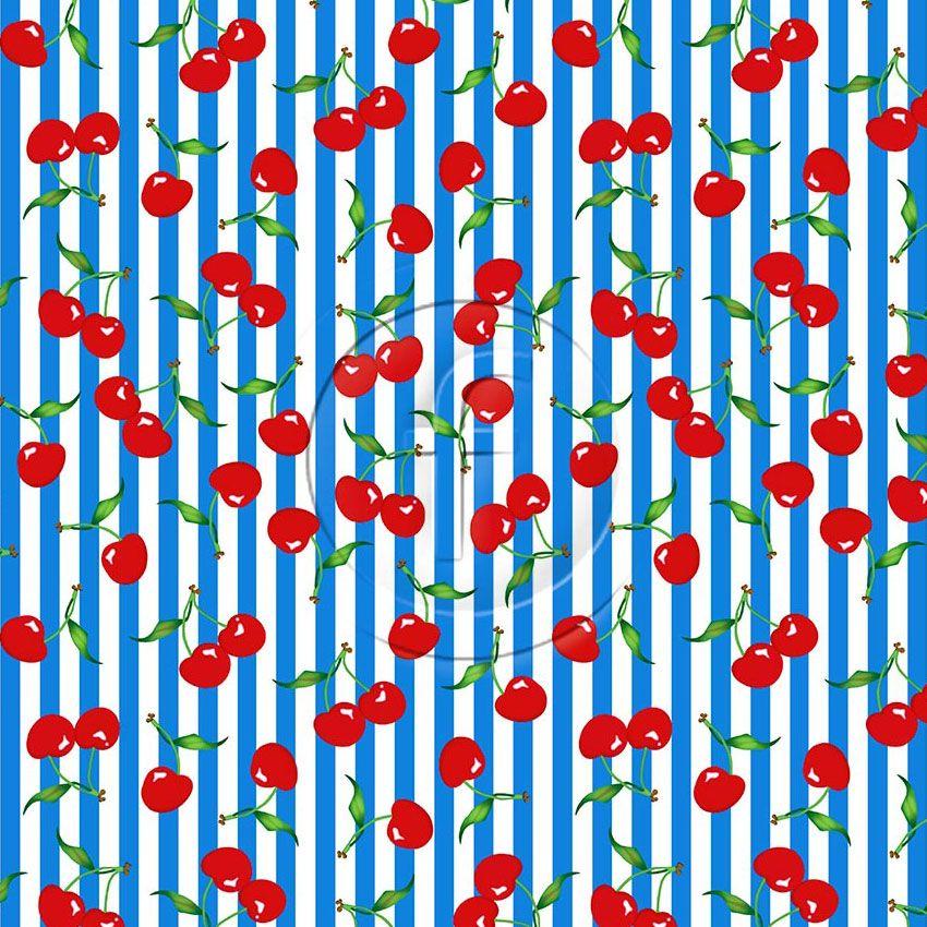 Cherry White Stripe On Blue, Striped Printed Stretch Fabric