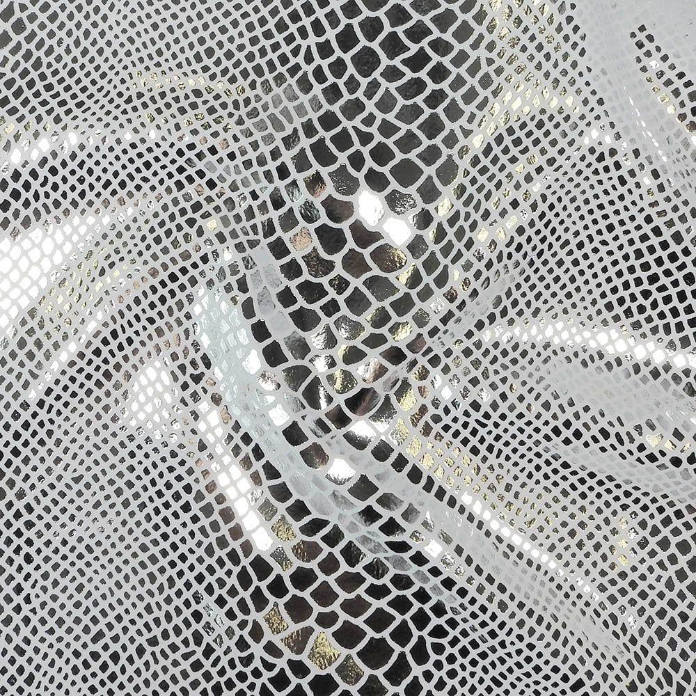 Silver Metallic Snake Foil On White Life Recycled Stretch Nylon Fabric