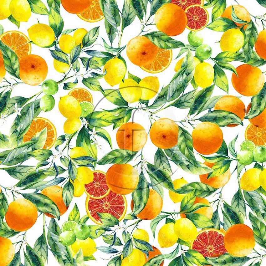 Oranges & Lemons White, Floral Printed Stretch Fabric