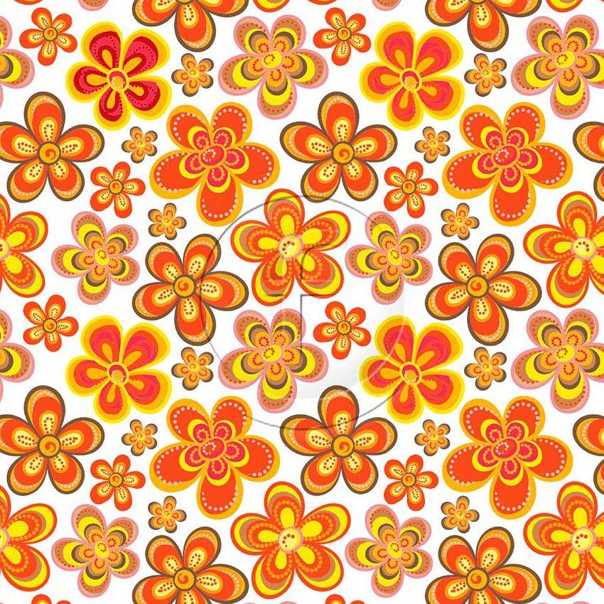 Petal, Floral, Cartoon Printed Stretch Fabric: Orange/White/Yellow